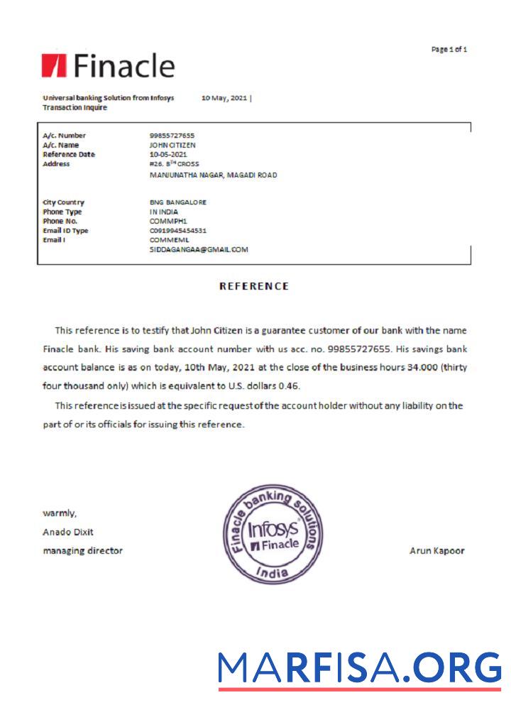 Realistic India Finacle bank reference real example